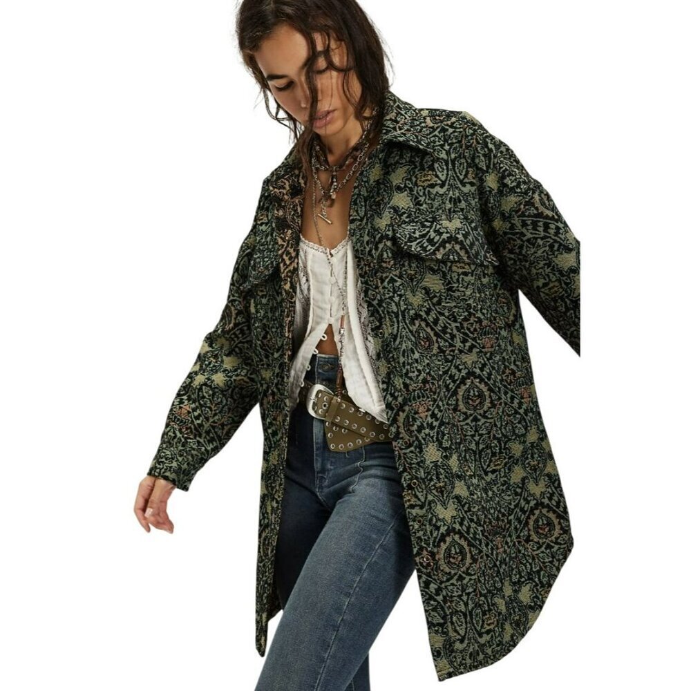 Free People We The Free Tapestry Fog Jacquard Shacket Shirt Jacket Medium NWT - Picture 6 of 13